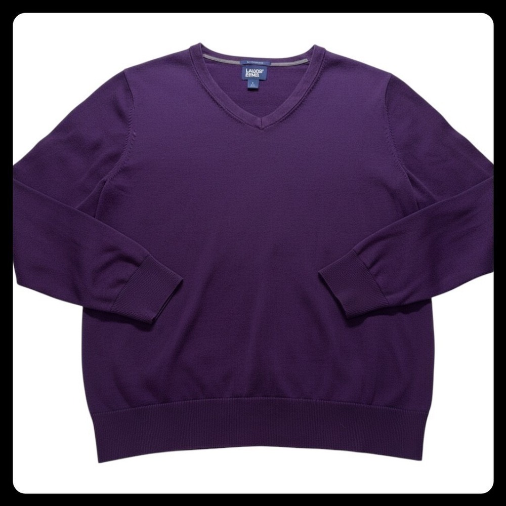 Lands End V-Neck Sweater Mens Large Purple Supima Cotton Long Sleeve Pullover